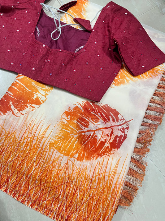 #georgettesaree #differentleaf design #blouse with mirror work