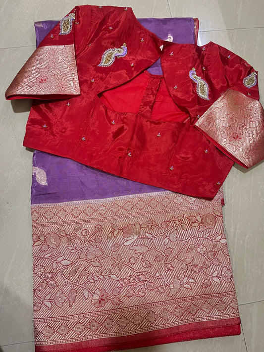#mushroosilksaree #maggamblousewithpeacockdesign