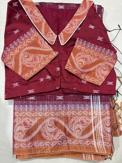 Chanderi fabric jamdhani saree with collar neck