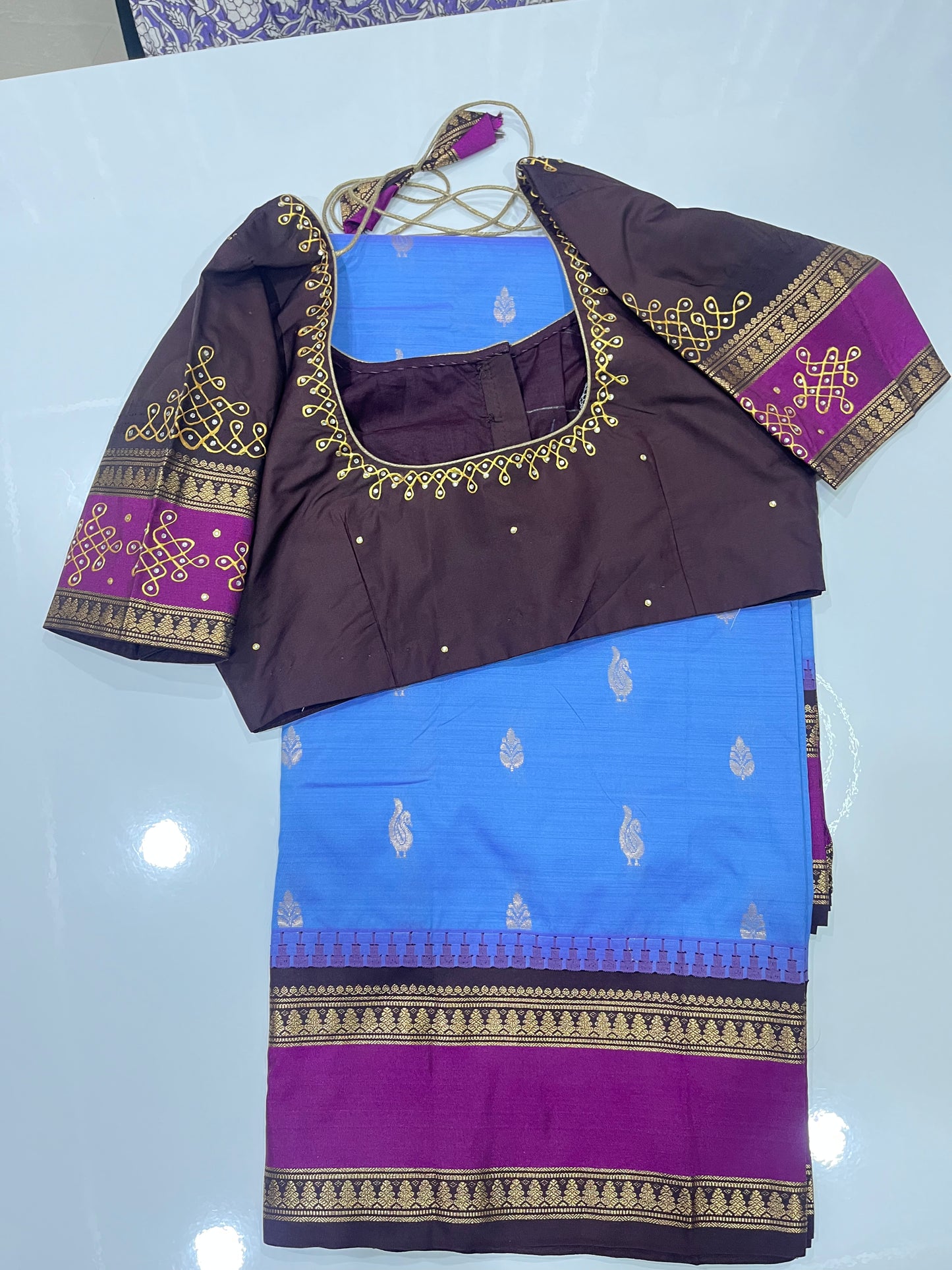 RSR10035P #gadwalsaree #tanjor painting #handpainting saree #skyblue with brown combination