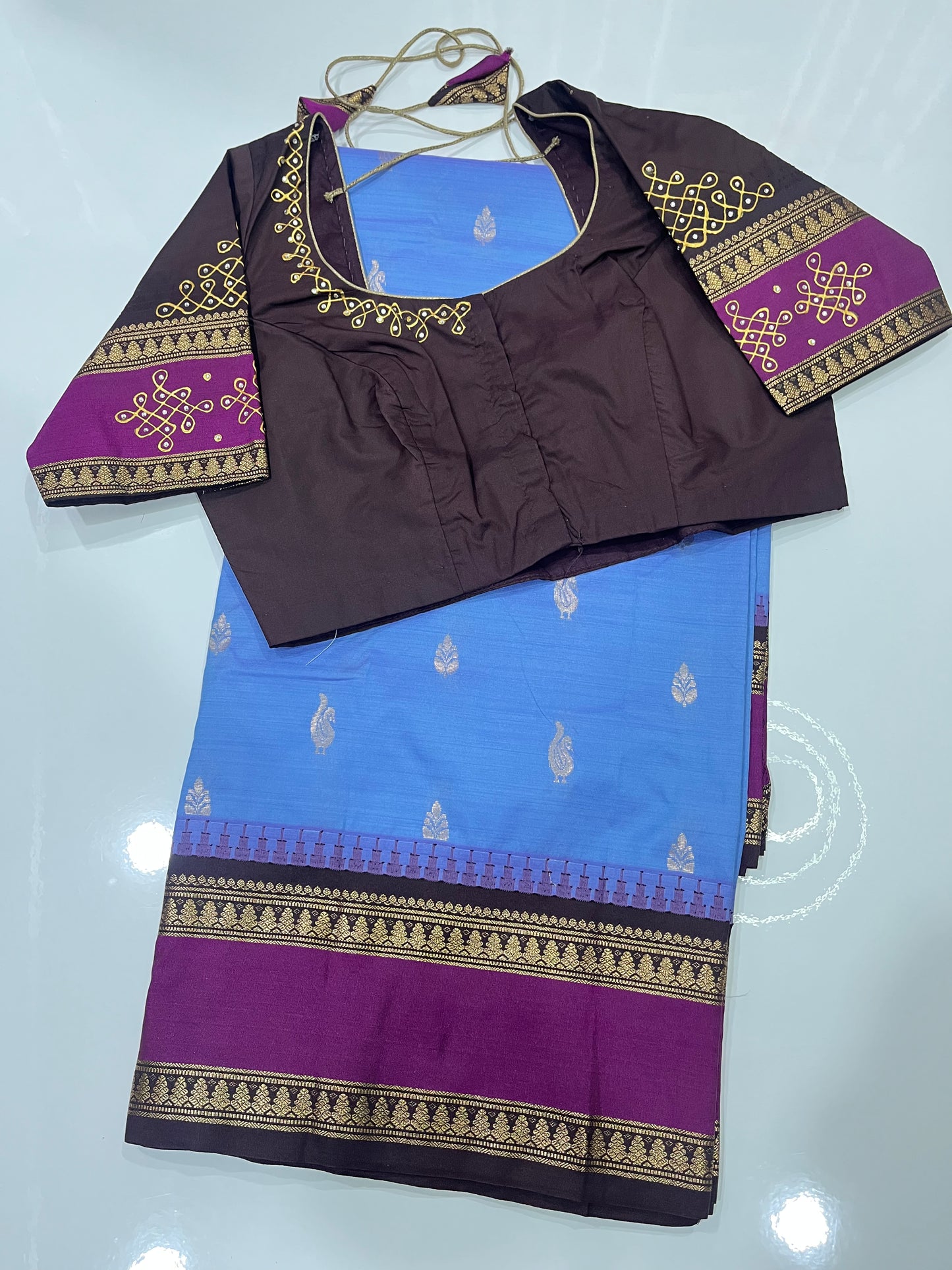 RSR10035P #gadwalsaree #tanjor painting #handpainting saree #skyblue with brown combination