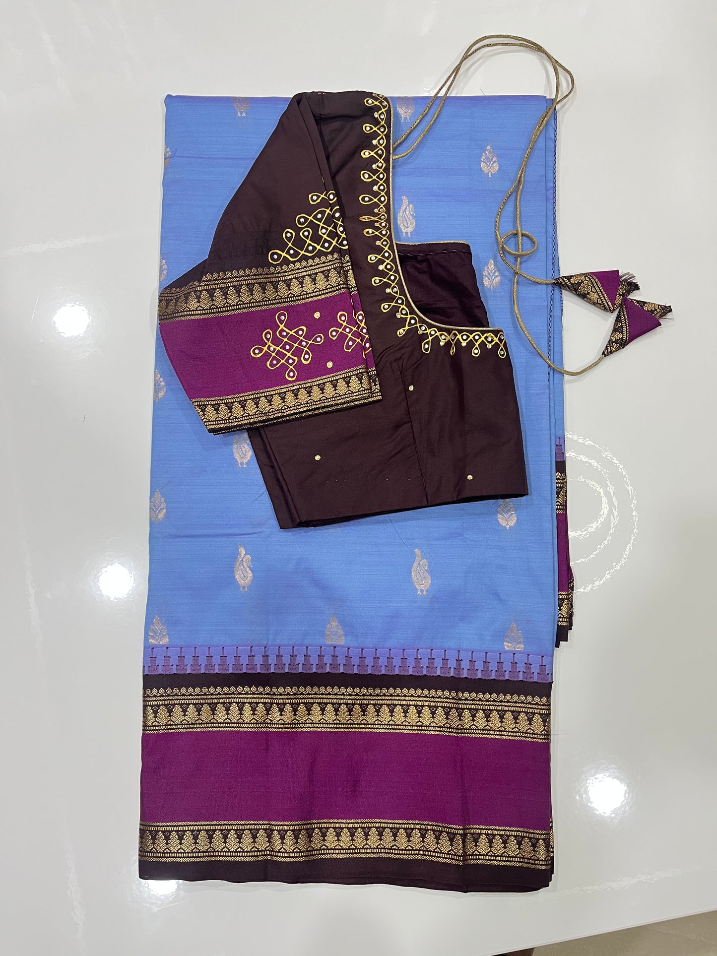 RSR10035P #gadwalsaree #tanjor painting #handpainting saree #skyblue with brown combination