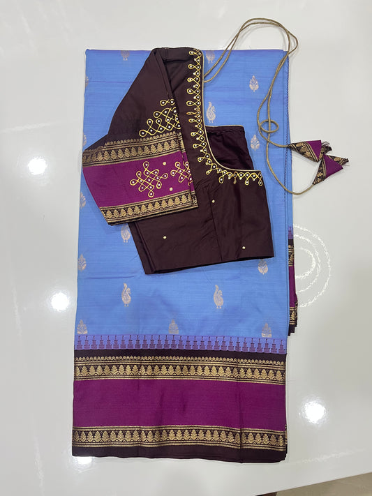 RSR10035P #gadwalsaree #tanjor painting #handpainting saree #skyblue with brown combination