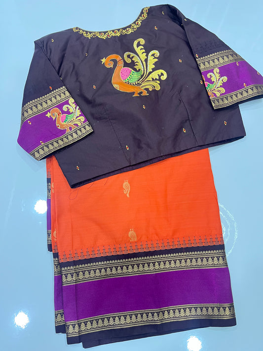RSR10032P. #gadwalpattusaree #paintingblouse #orangewith brown combination