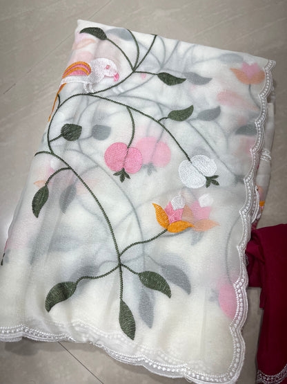 SR11001#Georgette saree #saree all over threadwork #shiny cloth