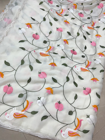 SR11001#Georgette saree #saree all over threadwork #shiny cloth