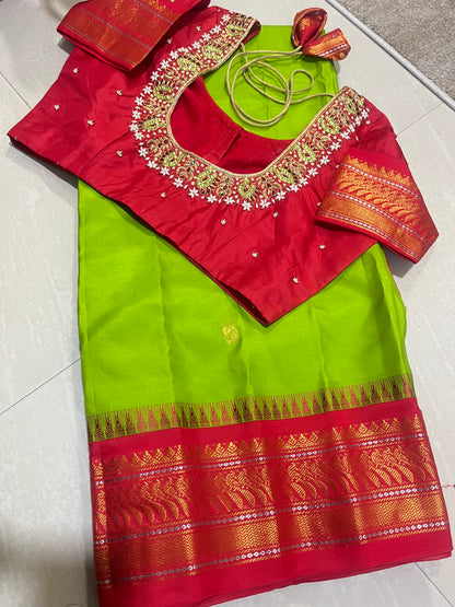 #puregadwalsaree #maggamworkdesign #parrotgreenwithred blouse