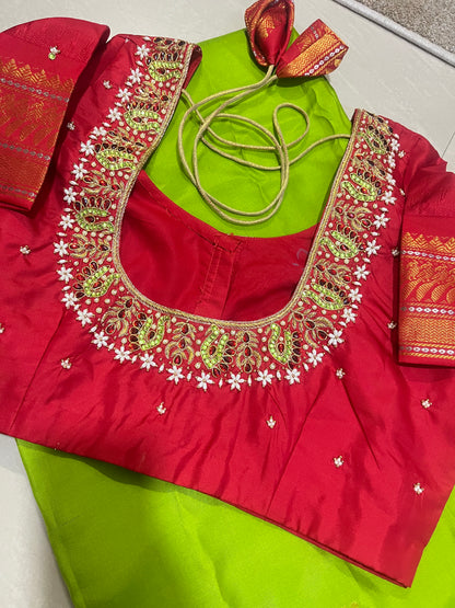 #puregadwalsaree #maggamworkdesign #parrotgreenwithred blouse