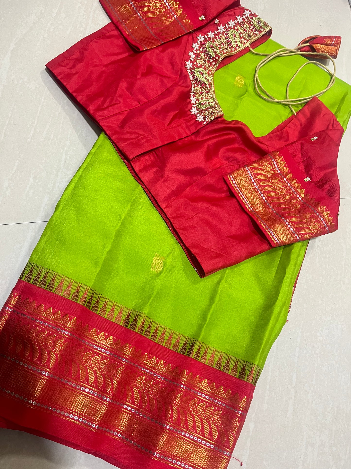 #puregadwalsaree #maggamworkdesign #parrotgreenwithred blouse